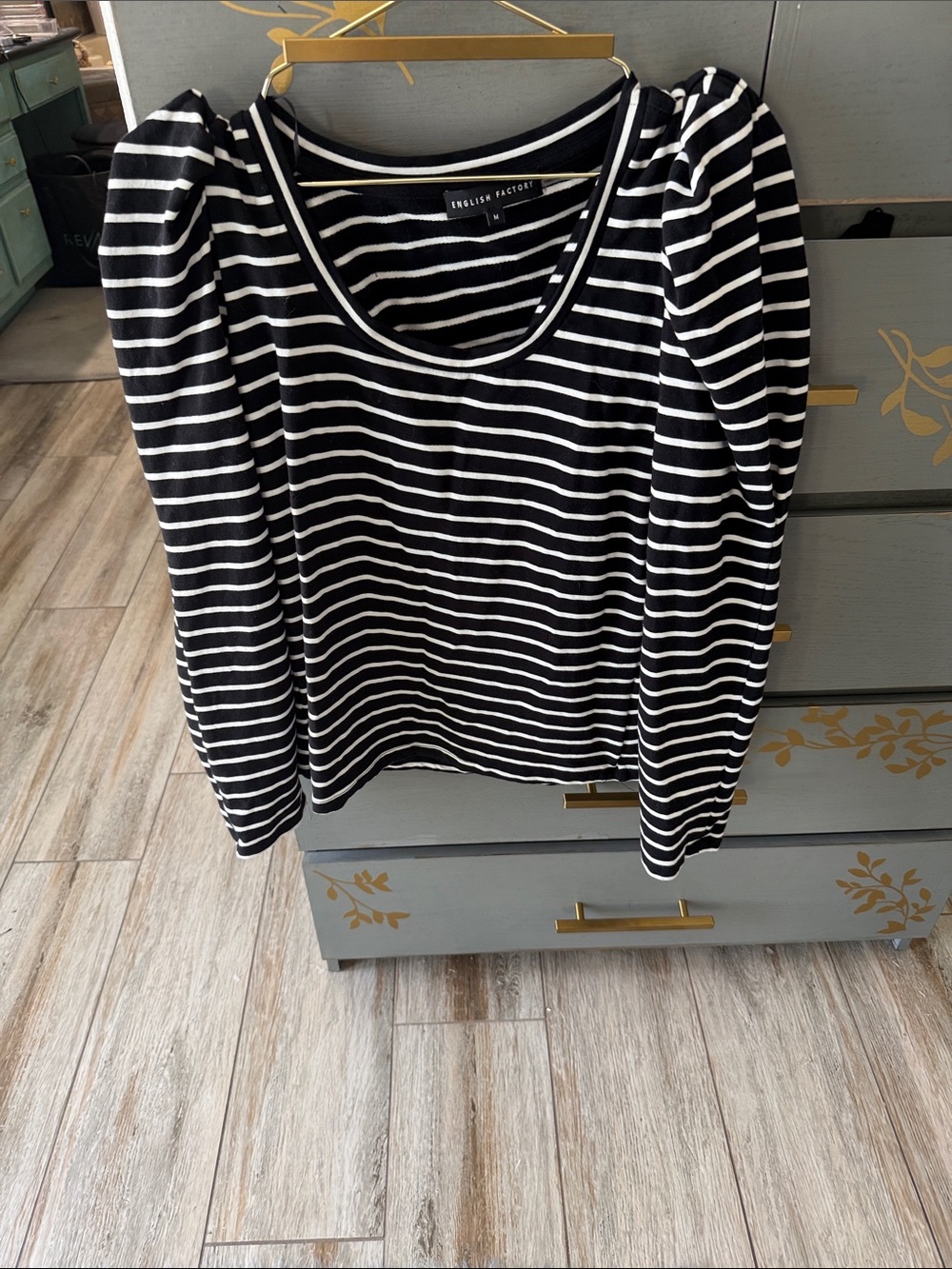English Factory Black & White Striped Puff-Sleeve Scoop Neck Top